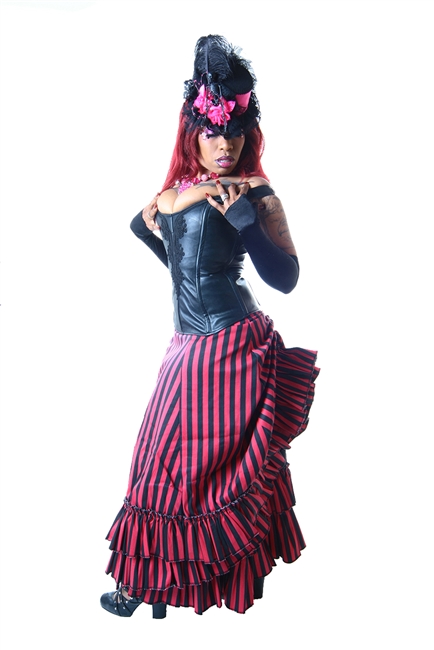 V Skirt is done in our Pink and Black features an Adjustable Bustle